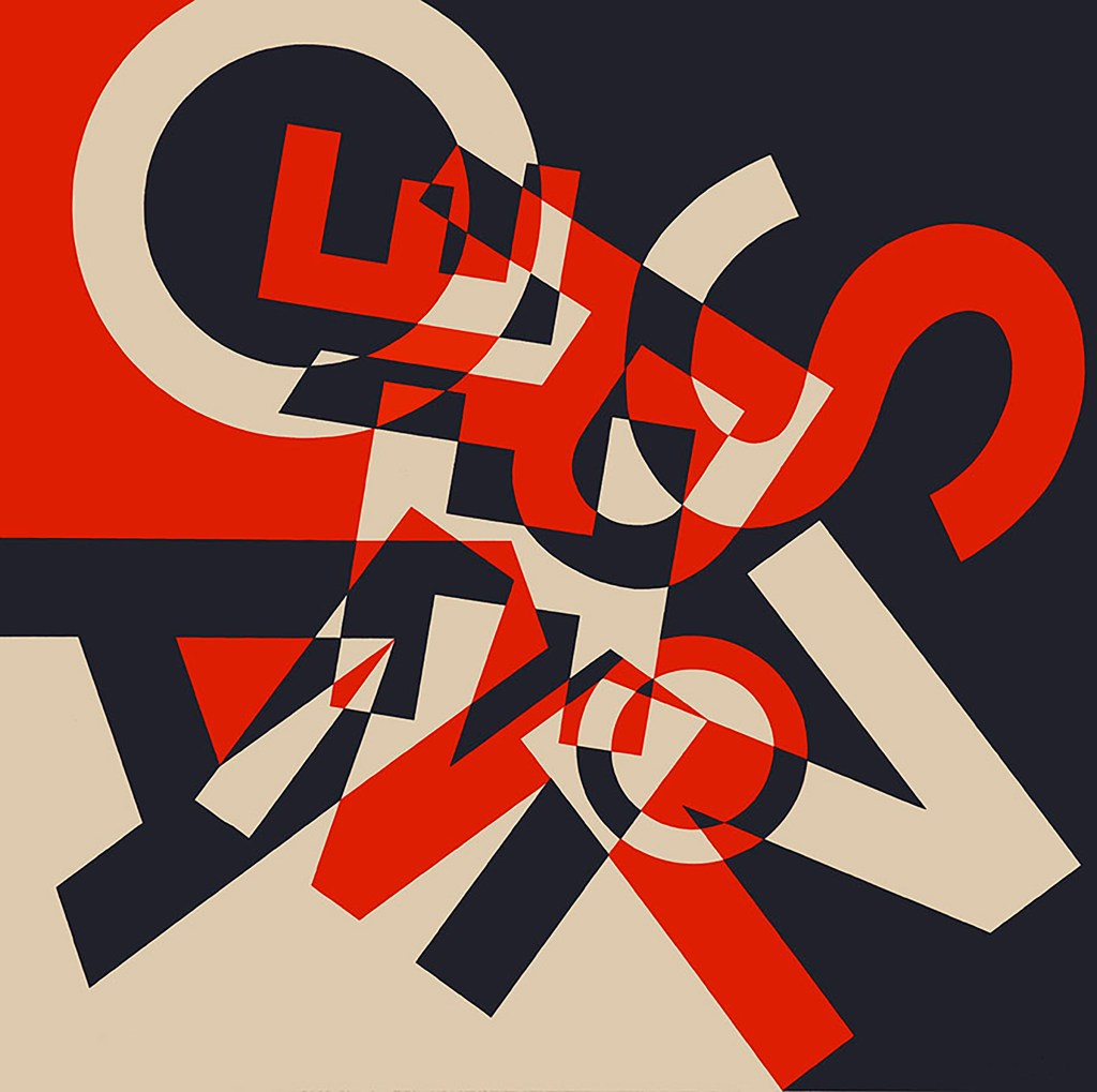 "Centaur," Norman Ives, a print of black, white and red typography forming an abstract pattern.